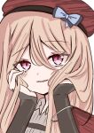  1girl arm_warmers black_arm_warmers blonde_hair blue_ribbon blush collared_shirt commentary_request hand_in_own_hair hat highres long_hair looking_at_viewer open_mouth original red_eyes red_hat ribbon shirt simple_background solo user_vcmm4485 white_background 