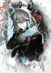  1258643753 1boy black_coat black_necktie coat commentary_request devil_survivor_(series) devil_survivor_2 electricity electrokinesis gloves grey_eyes grey_hair grin holding holding_phone houtsuin_yamato male_focus medium_hair megami_tensei necktie phone smile solo teeth trench_coat upper_body white_gloves 