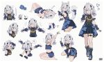  1girl ? absurdres animal_ears antenna_hair bangboo_(zenless_zone_zero) blue_eyes chinese_commentary chinese_text commentary_request dated dracaene_sunbringer gloves grey_hair hair_lift hair_over_one_eye heart heterochromia highres holding kemonomimi_mode lying mimikaki multiple_views on_back partially_fingerless_gloves sandals simple_background sleeping smile spoken_question_mark stirrup_legwear tail thigh_strap toeless_legwear translated white_background xianyulian yellow_eyes zenless_zone_zero zzz 
