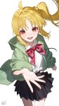  1girl :d absurdres ahoge black_skirt blonde_hair bocchi_the_rock! bow bowtie braid braided_base collared_shirt commentary_request floating_hair highres hood hooded_jacket ijichi_nijika jacket long_hair open_clothes open_jacket pleated_skirt polka_dot polka_dot_bow polka_dot_bowtie reaching reaching_towards_viewer red_bow red_bowtie red_eyes school_uniform shirt side_ponytail side_ponytail_with_braided_base signature simple_background skirt smile solo white_background white_shirt xi_cccii 