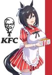  1girl alternate_costume animal_ears apron black_bow black_hair blue_eyes blush bob_cut bow box breasts colonel_sanders commentary_request dress ear_scrunchie eishin_flash_(umamusume) employee_uniform fast_food fast_food_uniform food french_fries ggg_gorillamanx hair_between_eyes highres holding holding_box horse_ears horse_girl horse_tail kfc large_breasts looking_at_viewer open_mouth red_dress scrunchie short_hair smile solo striped_clothes striped_dress swept_bangs tail thighhighs umamusume vertical-striped_clothes vertical-striped_dress white_apron white_scrunchie white_thighhighs white_wrist_cuffs wrist_cuffs 