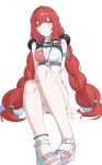  1girl absurdres blush braid braided_twintails breasts camera camera_around_neck cleavage closed_mouth commentary_request dress_swimsuit full_body green_eyes hair_ornament highres invisible_chair long_hair looking_at_viewer official_alternate_costume one-piece_swimsuit pink_one-piece_swimsuit red_hair sandals simple_background sitting smile solo sphere_hair_ornament swimsuit thigh_strap twintails two-tone_one-piece_swimsuit ukinami_yuzuha ukinami_yuzuha_(tanuki_in_broad_daylight) unoimy very_long_hair white_background white_one-piece_swimsuit zenless_zone_zero 