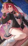  1girl absurdres black_jacket black_nails breasts cat_girl cat_tail cleavage commentary hand_up highres hood hooded_jacket indoors jacket large_breasts long_sleeves looking_at_viewer nekota_tsuna nekota_tsuna_(1st_costume) night one_eye_closed orange_eyes paw_pose red_hair sky smile socks solo star_(sky) starry_sky tail tongue tongue_out virtual_youtuber vspo! white_socks yuge_(setsura) zipper_pull_tab 
