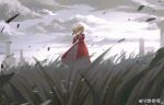  1girl 2226480274 absurdres aristocratic_clothes blonde_hair bow chinese_commentary cloud cloudy_sky commentary_request dress drill_hair earrings elizabeth_ethel_cordelia_midford flower_collar flower_hairband frilled_dress frills full_body grass green_eyes highres jewelry juliet_sleeves kuroshitsuji long_dress long_sleeves outdoors painterly puffy_sleeves red_dress sky solo standing victorian watermark weibo_watermark 