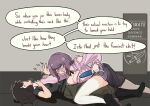  2girls black_shirt boots breast_press breasts brown_hair centurii-chan cleavage cleavage_cutout clothing_cutout commentary crying english_commentary english_text green_pants hand_on_another's_neck hand_on_another's_wrist highres himemiya_rie indoors jirai_kei large_breasts long_hair medium_hair miniskirt multicolored_hair multiple_girls open_mouth pants phase_connect pink_shirt pinned purple_hair shirt shoulder_cutout sign skirt strangling streaked_hair streaming_tears tapping_out tears thighhighs training trembling typo yandere zettai_ryouiki 