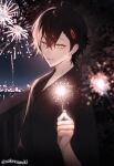  1boy ahoge artist_name asymmetrical_bangs black_kimono blurry blurry_foreground closed_mouth crossed_bangs degrees_of_lewdity earrings fireworks from_side green_eyes hair_between_eyes hair_ornament hairclip hand_up highres holding holding_fireworks japanese_clothes jewelry kimono kylar_(degrees_of_lewdity) kylar_(male)_(degrees_of_lewdity) looking_at_viewer male_focus night outdoors sakezuuuki sidelighting sky solo sparkler stud_earrings summer_festival sweatdrop upper_body v-neck yukata 