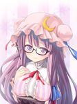  bad_id bad_pixiv_id bespectacled blush book breasts crescent double_bun glasses hair_ribbon hat hat_ribbon large_breasts long_hair numako patchouli_knowledge purple_eyes purple_hair ribbon solo striped touhou upper_body vertical_stripes 