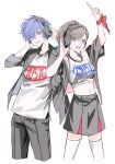  1boy 1girl absurdres black_jacket black_pants black_skirt blue_eyes blue_hair brown_hair grin headphones highres jacket looking_at_viewer midriff navel official_alternate_costume open_mouth pants persona persona_3 persona_3:_dancing_moon_night persona_3_portable persona_dancing ponytail red_eyes shiomi_kotone short_hair skirt smile sris2 yuuki_makoto_(persona_3) 