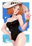  1girl absurdres bare_shoulders black_one-piece_swimsuit blue_sky blush breasts brown_eyes brown_hair cloud collarbone commentary cup disposable_cup english_commentary hat highres holding holding_cup looking_at_viewer medium_breasts ocean official_alternate_costume okumura_haru one-piece_swimsuit persona persona_5 persona_5_scramble:_the_phantom_strikers red_draws5 short_hair sky smile solo sun_hat swimsuit water 