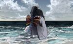  2girls back_bow blunt_bangs bow braid bridal_gauntlets closed_eyes cloud cloudy_sky commentary from_behind genshin_impact hair_ornament head_on_another's_shoulder hug japanese_clothes kimono leaning_on_person long_hair long_sleeves makoto_(genshin_impact) multiple_girls ocean official_alternate_costume purple_hair purple_kimono raiden_shogun shade siblings single_braid sisters sky standing twins upper_body water wide_sleeves wtnigero 