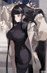  1girl absurdres alternate_costume arms_up black_hair black_pantyhose black_sweater blue_archive breasts bright_pupils chinese_commentary coat commentary_request duffel_coat from_side hair_behind_ear hair_ornament hair_tie hairclip hands_in_own_hair helic_(7317helic) highres holding holding_hair_tie large_breasts long_hair millennium_science_school_logo missing_halo open_clothes open_coat pantyhose parted_lips red_eyes ringed_eyes rio_(blue_archive) sweater turtleneck tying_hair very_long_hair white_pupils 