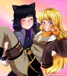  2girls ahoge animal_ears bandana bandana_around_neck black_hair blake_belladonna blake_belladonna_(atlas) blonde_hair blush brown_jacket brown_jumpsuit carrying cat_ears cat_girl closed_eyes commentary english_commentary eyelashes eyeshadow fingerless_gloves gloves grin jacket jumpsuit lips lipstick_mark lipstick_mark_on_face long_hair long_sleeves makeup multiple_girls open_clothes open_jacket orange_bandana orange_gloves patreon_username princess_carry purple_eyes rwby schrwby short_hair smile twitter_username v yang_xiao_long yang_xiao_long_(atlas) yuri 