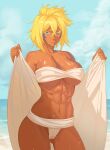  1girl abs beach bikini bleach blonde_hair breasts cloud cloudy_sky dark-skinned_female dark_skin facial_tattoo green_eyes highres large_breasts looking_at_viewer muscular muscular_female omzyman open_towel short_hair sky solo swimsuit tan tattoo tier_harribel towel water_drop 