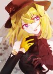  1girl absurdres animal_ears arknights asymmetrical_gloves bang_dream! bang_dream!_it's_mygo!!!!! bare_shoulders black_gloves black_shirt black_sleeves blonde_hair brown_hat chinese_commentary commentary_request detached_sleeves gloves grey_background hair_between_eyes hat highres holding holding_microphone jewelry long_sleeves looking_to_the_side medium_hair microphone mismatched_gloves misumi_uika misumi_uika_(caged_singer) mixed-language_commentary official_alternate_costume open_mouth partial_commentary pink_eyes ring shirt shuiyin simple_background sleeveless sleeveless_shirt smile solo yellow_gloves 