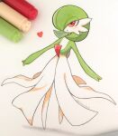  1girl artist_name bellavoirr bob_cut colored_skin dress gardevoir green_hair green_skin hair_over_one_eye heart highres marker_(medium) multicolored_skin photo_(medium) pink_eyes pokemon pokemon_(creature) traditional_media two-tone_skin white_dress white_skin 