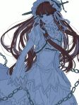  1girl blunt_bangs chain choker dress feet_out_of_frame floating_hair frilled_choker frilled_hairband frills hair_ornament hair_ribbon hairband highres jottbeng lolita_fashion long_hair long_sleeves looking_at_viewer parted_lips persona persona_3 red_hair ribbon sidelocks solo white_background white_choker white_dress white_ribbon yoshino_chidori 