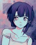  1girl asymmetrical_hair brown_eyes brown_hair closed_mouth commentary cryptidhermit english_commentary expressionless hair_ornament hairclip highres iwakura_lain looking_to_the_side painterly serial_experiments_lain shirt short_hair single_sidelock solo strap_slip upper_body x_hair_ornament 
