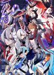 4boys 4girls ahoge arlecchino_(cinder_of_two_worlds'_flames)_(genshin_impact) arlecchino_(genshin_impact) arm_at_side armor ascot bare_shoulders black_background black_bodysuit black_coat black_eyes black_gloves black_hair black_hands black_hat black_kimono black_sleeves blonde_hair blue_gem blue_hair blunt_ends bodysuit breasts chest_jewel closed_mouth coat collared_coat colored_extremities commentary_request contrapposto curtained_hair dottore_(exalted_master_of_the_heretical_path)_(genshin_impact) dottore_(genshin_impact) dottore_(heretic_of_the_false_moon)_(genshin_impact) dress dual_persona elbow_gloves eye_mask eyelashes eyeliner facing_to_the_side facing_viewer feather-trimmed_coat finger_to_mouth frilled_sleeves frills fur-trimmed_coat fur_trim furisode gem genshin_impact gloves gold gold_ring gold_trim grey_coat grey_eyes grey_sleeves grey_veil hair_over_shoulder half_gloves half_mask hand_up hat hat_tip high_collar highres hiki_yuichi index_finger_raised japanese_armor japanese_clothes jewelry jingasa juban kimono kote kurokote lace_mask large_breasts layered_sleeves long_sidelocks long_sleeves looking_at_viewer makeup mandarin_collar mask mask_on_head mecha medium_hair midriff_peek mitsudomoe_(shape) multicolored_hair multiple_boys multiple_girls neck_ring open_mouth orange_hair outstretched_arms parted_lips purple_ascot purple_eyes purple_gloves purple_rope purple_sash purple_sleeves red_eyeliner red_gem red_hat red_kimono red_lips red_mask red_pupils red_sash red_scarf red_sleeves robot rope sash scaramouche_(genshin_impact) scaramouche_(harbinger)_(genshin_impact) scaramouche_(shouki_no_kami)_(genshin_impact) scarf shimenawa short_sleeves sidelocks signora_(crimson_witch_of_embers)_(genshin_impact) signora_(genshin_impact) single_sode smile spread_arms star_(sky) starry_sky_background strapless strapless_dress streaked_hair symbol-shaped_pupils syringe_earrings tartaglia_(foul_legacy_transformation)_(genshin_impact) tartaglia_(genshin_impact) tassel three-quarter_sleeves tilted_headwear tomoe_(symbol) tsurime two-sided_gloves two-tone_hat veil watermark white_coat white_dress white_kimono white_mouth white_rope white_sleeves x-shaped_pupils 