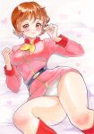  1girl absurdres blush brown_eyes brown_hair closed_mouth collared_dress commentary dress earth_federation fraw_bow gundam heart highres looking_at_viewer marker_(medium) military_uniform mobile_suit_gundam neckerchief panties pantyshot pink_dress short_hair smile solo traditional_media underwear white_panties yanaginosita yellow_neckerchief 
