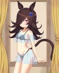  1girl animal_ears bare_shoulders bikini black_bikini blue_flower blue_rose blush breasts brown_hair closed_mouth collarbone commentary_request flipped_hair flower hair_flower hair_ornament hair_over_one_eye highres horse_ears horse_girl horse_tail katsushika_yuki long_hair looking_at_viewer navel purple_eyes rice_shower_(umamusume) rose see-through_clothes see-through_shirt see-through_skirt shirt skirt small_breasts smile solo stomach swimsuit tail umamusume 