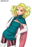  1girl absurdres artbyolvr blonde_hair blue_cape boots boruto:_two_blue_vortex boruto_(series) breasts bridal_gauntlets cape cleavage commentary curly_hair delta_(boruto) dress earrings english_commentary facial_mark forehead_mark hand_on_own_hip highres jewelry lips naruto_(series) pantyhose parted_lips pink_hair small_breasts solo strapless strapless_dress striped_clothes striped_irises striped_pantyhose thigh_boots triangle_earrings tube_dress twitter_username two-sided_cape two-sided_fabric vertical-striped_clothes vertical-striped_pantyhose white_bridal_gauntlets yellow_nails 