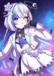  1girl absurdres andromeda_(constellation) belt black_shirt blue_belt blue_bow blue_eyes bow collared_shirt colored_inner_hair commentary constellation constellation_print corvus_(constellation) cowboy_shot doodlenab english_commentary eyeshadow fingerless_gloves gloves gradient_background gradient_belt gradient_clothes grey_eyes hair_intakes halo heterochromia highres indie_virtual_youtuber leo_(constellation) long_hair looking_ahead makeup making-of_available multicolored_hair pegasus_(constellation) purple_background purple_belt purple_eyeshadow purple_hair purple_nails purple_streaks rin_penrose rin_penrose_(rin_2.0) shirt skirt solo star_(symbol) streaked_hair suit taurus_(constellation) tilted_halo very_long_hair virgo_(constellation) virtual_youtuber white_hair white_skirt white_suit 
