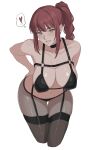  1girl arm_behind_back artist_name bare_shoulders bikini black_bikini black_choker black_thighhighs braid braided_ponytail breasts chainsaw_man choker cleavage collarbone commentary english_commentary garter_straps hair_tie hand_on_own_hip hanging_breasts heart highres large_breasts leaning_forward long_hair looking_at_viewer makima_(chainsaw_man) navel o-ring o-ring_bikini parted_lips pcharlesart red_hair ringed_eyes simple_background sitting skindentation smile solo spoken_heart stomach swimsuit teeth thigh_strap thighhighs thighs twitter_username white_background yellow_eyes 