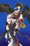  1girl absurdres aeronmeri_19198 bird_wings black_hair black_socks black_wings bloomers blue_background bridal_gauntlets chinese_commentary commentary_request dated detached_sleeves full_body geta gradient_background hat hauchiwa highres japanese_clothes kimono kneehighs kourindou_tengu_costume looking_at_viewer obijime official_alternate_costume open_mouth pom_pom_(clothes) red_eyes red_hat red_sash ribbon-trimmed_sleeves ribbon_trim sash shameimaru_aya short_hair signature smile socks solo tengu-geta toeless_legwear tokin_hat touhou white_bloomers white_kimono wide_sleeves wings 