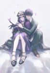  1boy 1girl absurdres black_choker black_gloves brown_shoes bug butterfly cape choker commentary_request dress fate/stay_night fate_(series) gloves green_pants green_suit hetero highres hood hood_up hug hug_from_behind kuzuki_souichirou loafers medea_(caster)_(fate) medea_(fate) pants parted_lips purple_butterfly purple_cape purple_dress purple_hair qianlilingjiang shoes sitting sitting_on_person suit 