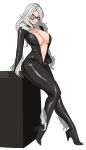  1girl against_object black_bodysuit black_cat_(marvel) black_mask bodysuit breasts commentary curvy domino_mask eye_mask felicia_hardy full-length_zipper fur-trimmed_bodysuit high_heels highres large_breasts marvel mask no_bra octavius_(octavius_dp) seductive_smile smile solo spider-man_(series) superhero_costume thick_thighs thighs unzipping white_hair zipper zipper_pull_tab 