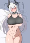  1girl arknights arm_under_breasts black_sports_bra blush bottomless breasts cleavage commentary_request covering_crotch covering_privates cowboy_shot from_above groin hair_ornament highres huge_breasts infection_monitor_(arknights) long_hair looking_at_viewer lying material_growth mudrock_(arknights) na1207_(naashii) navel on_back on_bed open_mouth oripathy_lesion_(arknights) pillow pointy_ears red_eyes solo sports_bra thighs very_long_hair white_hair 