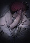  2boys absurdres aotsuki_eito black_background black_gloves brown_jacket closed_mouth clothes_lift from_side gloves grey_shirt highres imminent_fellatio jacket male_focus multiple_boys navel off_shoulder open_fly open_pants pants penis pink_eyes red_hair shirt shirt_lift short_hair sideways_glance single_bare_shoulder sumino_takumi sweat the_hundred_line_-last_defense_academy- yaoi ziling 