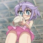  1girl ball commentary_request glasses highres holding holding_ball honoo_no_toukyuujo:_dodge_danko kobotoke_chinko one-piece_swimsuit pink_one-piece_swimsuit purple_hair smile swimsuit t_jiroo_(ringofriend) 