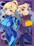  2girls artist_logo artist_name belt black_gloves black_pants blonde_hair blue_bodysuit blue_eyes blush bodysuit breasts commentary covered_navel dotted_background english_commentary gameoverse glint gloves gun hair_tie hand_up handgun hat high_ponytail highres holding holding_gun holding_weapon inkrelic logo long_hair long_shirt long_sleeves looking_at_viewer makeup metroid miss_information_(gameoverse) mole mole_under_mouth multiple_girls open_mouth outline pants parted_lips ponytail purple_background purple_belt purple_eyes purple_lips purple_shirt samus_aran shirt skin_tight smile standing standing_on_one_leg taut_clothes teeth thighs very_long_hair weapon white_outline zero_suit 