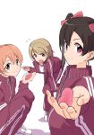  3girls bent_over black_hair bow brown_eyes brown_hair closed_mouth commentary_request fingernails flying_sweatdrops hair_bow hand_up highres holding hoshizora_rin jacket koizumi_hanayo looking_at_viewer love_live! love_live!_school_idol_project multiple_girls nicorinpana_(love_live!) open_clothes open_jacket open_mouth orange_hair otonokizaka_track_jacket panicking pants red_bow red_eyes red_jacket red_pants sen_(sen0910) shoes simple_background sitting squatting standing standing_on_one_leg tareme track_jacket track_pants track_suit white_background white_shoes yazawa_nico 