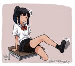  1girl afterimage bare_legs bike_shorts black_hair black_skirt black_socks blush blush_stickers border bow bowtie closed_eyes closed_mouth commentary_request desk double-parted_bangs foot_out_of_frame fuyudori_yukino grey_background highres legs long_hair miniskirt motion_lines no_shoes on_desk original ponytail red_bow red_bowtie school_uniform shadow short_sleeves shorts shorts_under_skirt sidelocks sitting skirt socks soles solo twitter_username white_border 