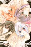  1girl 3boys allen_walker alternate_eye_color alternate_hair_color bare_shoulders black_hair black_jacket black_nails blue_eyes brown_eyes collarbone colored_extremities colored_eyebrows colored_skin commentary_request cupi d.gray-man earrings eyepatch facial_mark forehead_mark green_eyes hair_between_eyes holding_hands hoop_earrings implied_nudity jacket jewelry kanda_yuu lavi lenalee_lee long_hair looking_at_viewer lying multiple_boys on_back one_eye_covered orange_hair parted_bangs parted_lips pink_skin purple_hair scar scar_across_eye scar_on_face short_hair sidelocks star_(symbol) star_symbol_background striped_background striped_clothes striped_jacket twintails unworn_clothes unworn_jacket upper_body white_hair yellow_background 