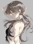  1girl absurdres arm_behind_head bad_link black_bra bra brown_hair chinese_commentary commentary_request dated from_side grey_background highres jiushisuan_shaxi long_hair looking_at_viewer making-of_available metal_gear_(series) metal_gear_solid_v:_the_phantom_pain multi-source_commentary ponytail procreate_(medium) profile quiet_(metal_gear) sideways_glance signature simple_background solo underwear upper_body 