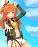  1girl aircraft airplane animal_ears blue_sky blush bomber_jacket bow breasts brown_ribbon cloud commentary_request crop_top dog_tags ear_bow ear_ribbon fighter_jet green_jacket highres horse_ears horse_girl jacket katsushika_yuki long_hair long_sleeves looking_at_viewer mayano_top_gun_(scramble_zone)_(umamusume) mayano_top_gun_(umamusume) midriff military_vehicle navel open_clothes open_jacket open_mouth orange_hair ribbon shirt shorts sky small_breasts smile solo two_side_up umamusume white_shorts yellow_shirt 