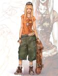  1girl absurdres baseball_cap black_hat bleerghw blonde_hair blue_eyes bracelet breasts brown_shoes cargo_shorts commentary contrapposto cross cross_necklace dermal_piercing english_commentary eyes_visible_through_hair facial_mark full_body green_shorts hat highres jewelry long_hair medium_breasts multiple_bracelets multiple_necklaces naruko_(naruto) naruto_(series) naruto_shippuuden necklace shoes shorts skateboard sneakers solo spiked_bracelet spikes tomboy tongue tongue_out vans whisker_markings 