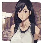  1girl 5tatsu bare_shoulders black_hair breasts building closed_mouth collarbone commentary_request earrings elbow_gloves final_fantasy final_fantasy_vii final_fantasy_vii_remake gloves hair_behind_ear highres jewelry large_breasts lipgloss lips long_hair looking_at_viewer pink_lips red_eyes signature solo suspenders tank_top tifa_lockhart upper_body white_tank_top 