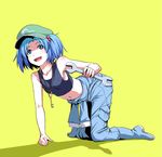  :d bare_shoulders blue_eyes blue_hair boots clothes_around_waist collarbone full_body hair_bobbles hair_ornament hat holding jacket_around_waist jewelry kawashiro_nitori key kneeling mendou_saya navel open_mouth pendant rubber_boots shadow simple_background smile solo tank_top touhou two_side_up wrench yellow_background 