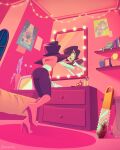  1boy bed bedroom binscurtis black_hair black_pants blood blood_on_weapon boots ceiling chainsaw deltarune drawer highres indoors looking_at_mirror male_focus mettaton mettaton_(box) mettaton_ex mirror pants photo_(object) pink_boots pink_carpet pink_theme plant poster_(object) red_lips television trap trophy utdr_(toby_fox) weapon 