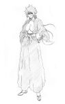  1girl absurdres alternate_costume bleach breasts cleavage full_body greyscale hair_between_eyes highres large_breasts long_hair monochrome rakusakugk sandals shiba_kuukaku shihakusho shinigami simple_background smirk solo spiked_hair white_background 