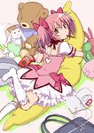  ayukko_(forest_village) body_pillow bow bubble_skirt digital_media_player food frills hair_bow kaname_madoka kneehighs kyubey looking_at_viewer looking_up lying magical_girl mahou_shoujo_madoka_magica on_banana pink_eyes pink_hair pocky short_twintails sketch skirt stuffed_animal stuffed_bunny stuffed_pig stuffed_toy teddy_bear twintails 