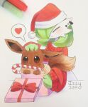  1girl 1other bellavoirr bob_cut box brown_eyes brown_fur candy candy_cane closed_eyes colored_skin eevee food gardevoir gift gift_box green_hair green_skin hair_over_one_eye hat heart highres marker_(medium) multicolored_skin photo_(medium) pokemon pokemon_(creature) red_sweater santa_hat signature smile spoken_heart sweater traditional_media two-tone_skin white_skin 
