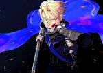  0724zuki 1boy arm_up armor belt black_background black_pants black_shirt blonde_hair blood blood_on_face blue_belt blue_cape blue_eyes cape chest_belt commentary cowboy_shot curtained_hair dimitri_alexandre_blaiddyd english_commentary fire_emblem fire_emblem:_three_houses floating_cape floating_hair gold_trim hair_between_eyes highres holding holding_polearm holding_weapon long_sleeves male_focus open_mouth pants polearm sanpaku scabbard sheath shirt short_hair solo sword teeth weapon wiping_face 