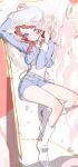  1girl absurdres arm_up bird's_eye_view blue_choker blue_eyes blue_jacket blue_shorts blush boots chain choker commentary_request couch crop_top cropped_jacket cropped_shirt earrings fingernails from_above full_body gakuen_idolmaster glint gold_chain grey_shirt grin hanami_saki hand_up head_tilt highres idolmaster jacket jewelry knees_up long_hair long_sleeves looking_at_viewer lying midriff nail_polish navel on_back on_couch open_clothes open_jacket parted_bangs petals pink_nails red_hair shirt short_shorts shorts sleeve_cuffs smile solo string_of_pearls striped_clothes striped_shirt turning_head v-shaped_eyebrows veil vertical-striped_clothes vertical-striped_shirt white_boots white_veil yuusuke_(yyy_xp) 