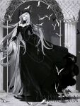  1girl absurdly_long_hair absurdres arch aristocratic_clothes bare_shoulders beckoning bird black_bird black_collar black_dress black_gloves black_headdress black_ribbon chain closed_mouth collar collarbone colonnade colored_skin column commission cross cuffs curtained_hair detached_collar dress english_text expressionless flat_chest floating_clothes floating_hair frown full_body gloves gown grey_hair greyscale handcuffs head_tilt highres latin_cross long_dress long_hair looking_at_viewer middle_part mihuashi_commission monochrome off-shoulder_dress off_shoulder open_hands original outdoors pillar ribbon single_hair_intake slit_pupils solo standing toduring torn_ribbon very_long_hair white_bird white_eyes white_skin 