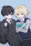  2boys alternate_costume antenna_hair backpack bag bag_charm basil_(faraway)_(omori) basil_(omori) black_bag black_eyes black_hair black_jacket black_necktie black_pants black_sweater_vest blue_background blush bokchi_irbe book bright_pupils character_charm charm_(object) closed_mouth collared_shirt commentary_request double-parted_bangs hair_between_eyes highres holding holding_book jacket korean_commentary korean_text long_sleeves looking_at_viewer male_focus multiple_boys necktie omori open_mouth pants school_uniform shirt short_hair short_sleeves sidelocks simple_background smile something_(omori) sunny_(omori) sweat sweater_vest translation_request white_pupils white_shirt zipper_pull_tab 